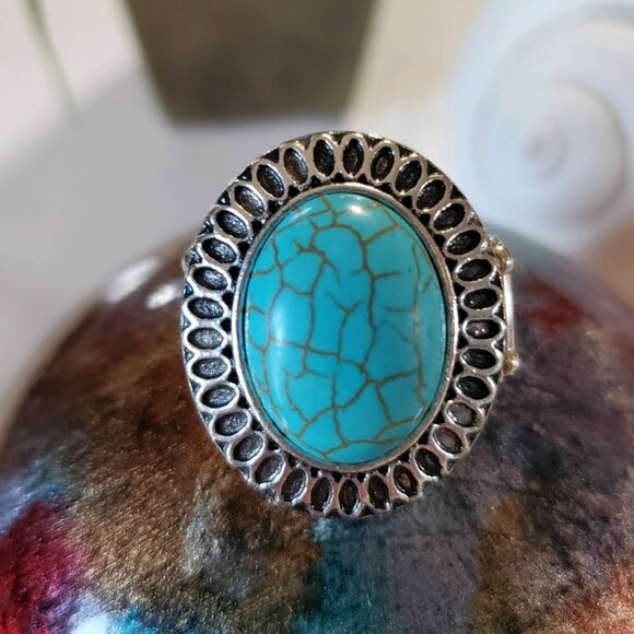 Turquoise Stone Silver Tone Stretch Band Ring 💥3 for $24💥 - Picture 1 of 15